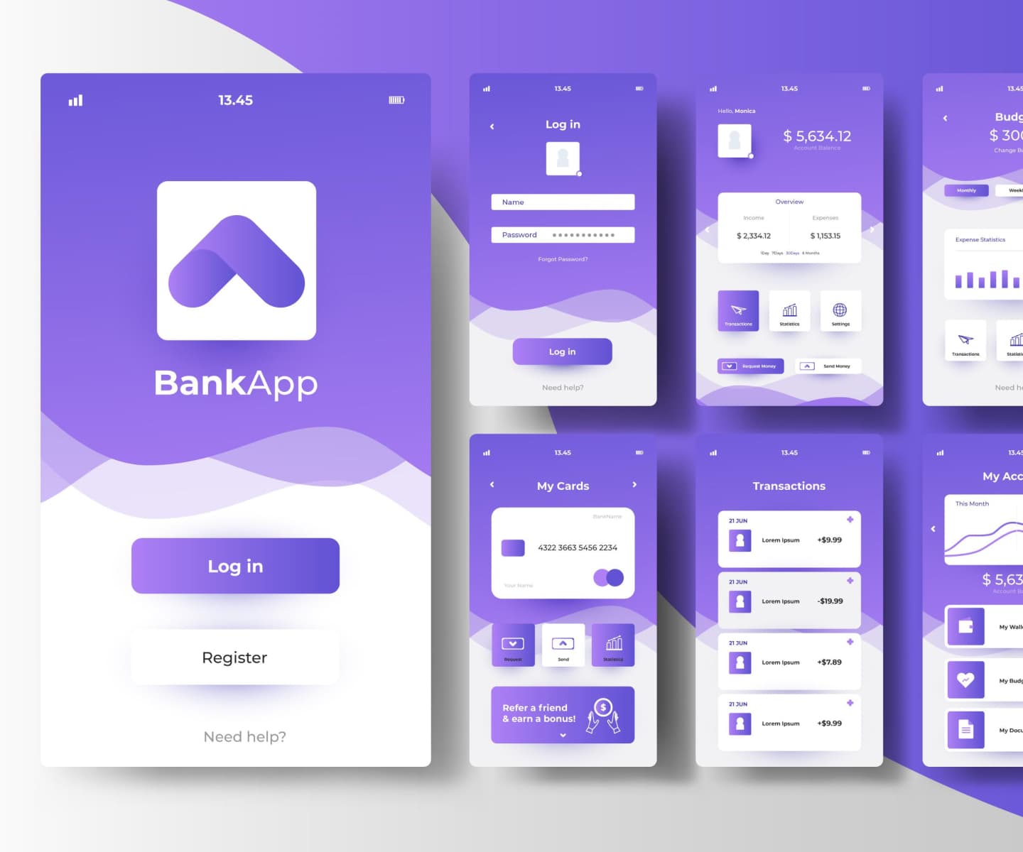 Various Screens of a Banking App